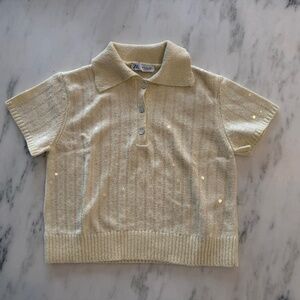 Zara Ribbed Knit Short Sleeve Sweater Small Cream Yellow Henley Sequin Top
